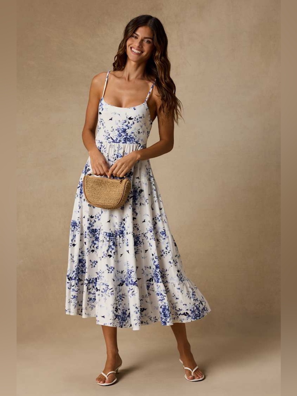 Lulus Mykonos Mood Ivory Floral Print Tie-Strap Tiered Midi Dress New with Tags